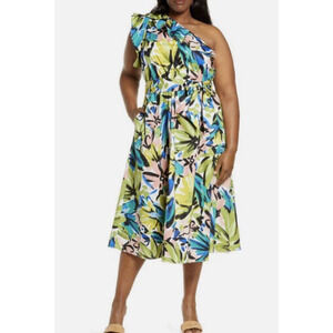 Donna Morgan Women's Cotton Floral Ruffle One Shoulder Midi Dress 14W Artsy Bold